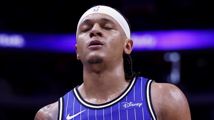 May 3, 2026; Detroit, Michigan, USA; Orlando Magic forward Paolo Banchero (5) reacts in the first half against the Detroit Pistons during game seven of the first round of the 2026 NBA Playoffs at Little Caesars Arena. Mandatory Credit: Rick Osentoski-Imagn Images