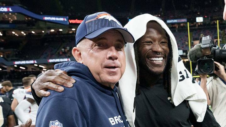 Denver Broncos head coach Sean Payton greets New Orleans Saints running back Alvin Kamara Denver Broncos head coach Sean Payton greets New Orleans Saints running back Alvin Kamara
