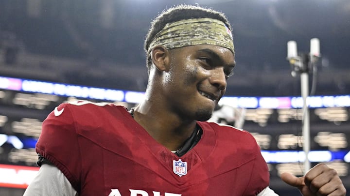 Nov 3, 2025; Arlington, Texas, USA; Arizona Cardinals cornerback Will Johnson (0) celebrates as he leaves the field after defeating the Dallas Cowboys at AT&T Stadium. Mandatory Credit: Jerome Miron-Imagn Images