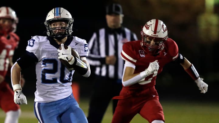 Little Chute High School's Reece Joten (20) runs upfield for 49 yards versus Columbus during a WIAA Division 4 state semifinal game Friday, November 14, 2025.