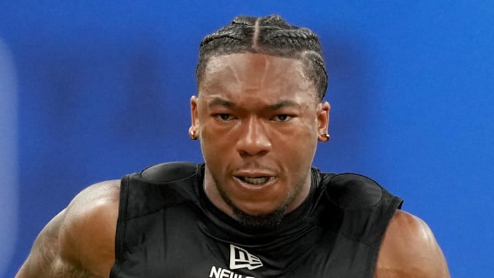 Mar 1, 2025; Indianapolis, IN, USA; Virginia Tech wideout Jaylin Lane (WO28) during the 2025 NFL Combine at Lucas Oil Stadium. Mandatory Credit: Kirby Lee-Imagn Images Mar 1, 2025; Indianapolis, IN, USA; Virginia Tech wideout Jaylin Lane (WO28) during the 2025 NFL Combine at Lucas Oil Stadium. Mandatory Credit: Kirby Lee-Imagn Images