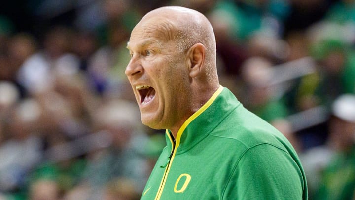 Oregon head coach Kelly Graves calls to his team as the Oregon Ducks host the Penn State Nittany Lions on Jan. 24, 2026, at Matthew Knight Arena in Eugene, Oregon.