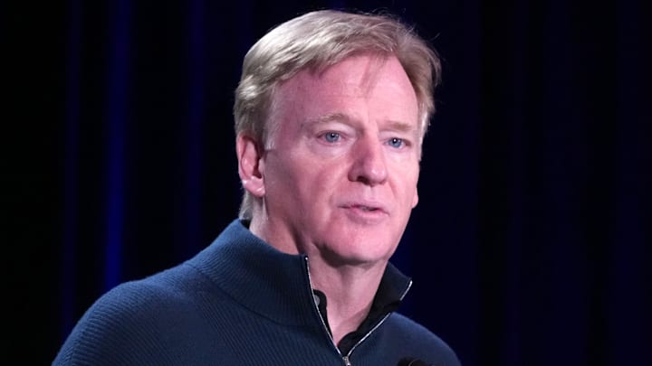 Feb 9, 2026; San Francisco, CA, USA; NFL commissioner Roger Goodell speaks at the Super Bowl LX host committee handoff press conference at Moscone Center. Mandatory Credit: Kirby Lee-Imagn Images