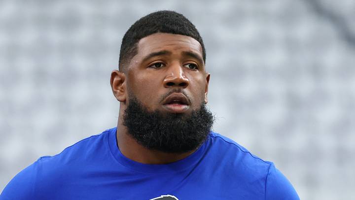 Sep 13, 2026; Houston, Texas, USA;  Buffalo Bills defensive tackle Ed Oliver (91) warms up before the game against the Houston Texans at Reliant Stadium.  Mandatory Credit: Troy Taormina-Imagn Images