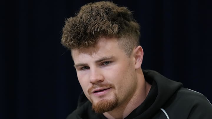 Feb 25, 2026; Indianapolis, IN, USA; Oregon linebacker Bryce Boettcher (LB04) speaks during the NFL Scouting Combine at the Indiana Convention Center. Mandatory Credit: Kirby Lee-Imagn Images