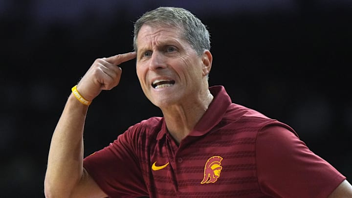 Jan 14, 2025; Los Angeles, California, USA; Southern California Trojans head coach Eric Musselman reacts in the first half against the Iowa Hawkeyes at Galen Center. Mandatory Credit: Kirby Lee-Imagn Images