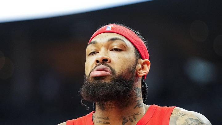 Apr 12, 2026; Toronto, Ontario, CAN; Toronto Raptors Brandon Ingram (3) reacts after a call during the first half against the Brooklyn Nets at Scotiabank Arena. Mandatory Credit: Kevin Sousa-Imagn Images