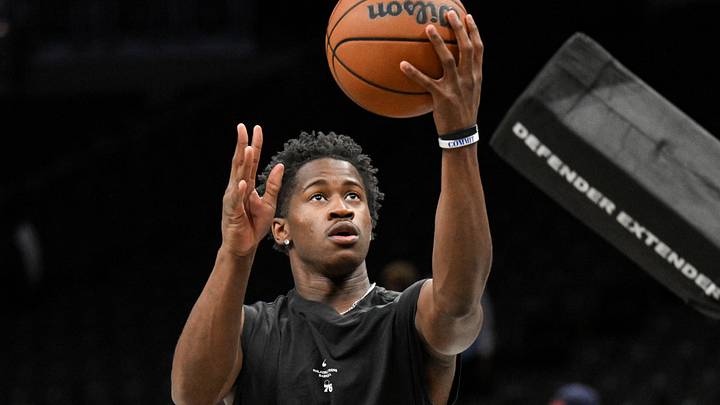 Oct 8, 2026; Brooklyn, New York, USA; Philadelphia 76ers guard Vj Edgecombe (77) warms up before a game against the Brooklyn Nets at Barclays Center. Oct 8, 2026; Brooklyn, New York, USA; Philadelphia 76ers guard Vj Edgecombe (77) warms up before a game against the Brooklyn Nets at Barclays Center.
