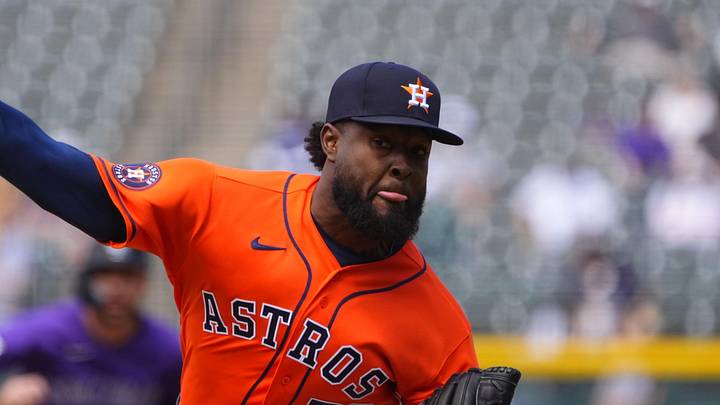 Apr 8, 2026; Denver, Colorado, USA; Houston Astros starting pitcher Cristian Javier (53) delivers a pitch in the first inning against the Colorado Rockies at Coors Field. Mandatory Credit: Ron Chenoy-Imagn Images