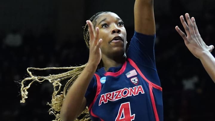 Mar 23, 2024; Storrs, Connecticut, USA; Arizona Wildcats guard Skylar Jones (4) shoots against the Syracuse Orange in the first half at Harry A. Gampel Pavilion. Mandatory Credit: David Butler II-Imagn Images