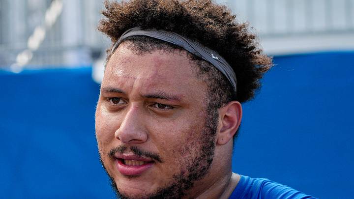 Detroit Lions offensive lineman Christian Mahogany (73) speaks media members after practice during training camp Detroit Lions offensive lineman Christian Mahogany (73) speaks media members after practice during training camp