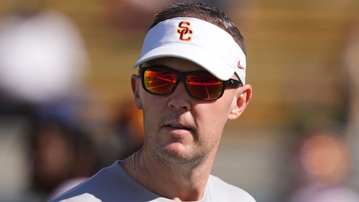 Oct 28, 2023; Berkeley, California, USA; USC Trojans head coach Lincoln Riley before the game against the California Golden Bears at California Memorial Stadium. Mandatory Credit: Darren Yamashita-Imagn Images