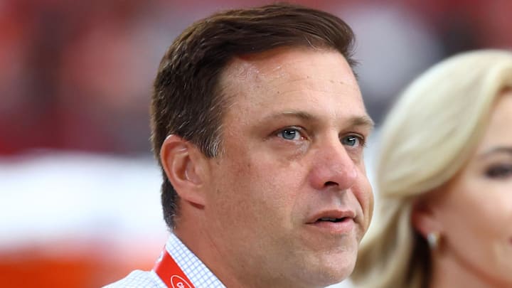 Aug 9, 2025; Glendale, Arizona, USA; Kansas City Chiefs general manager Brett Veach against the Arizona Cardinals during a preseason NFL game at State Farm Stadium. Mandatory Credit: Mark J. Rebilas-Imagn Images