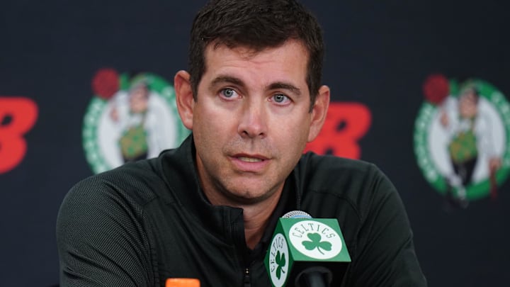 Sep 29, 2025; Boston, MA, USA; Boston Celtics president of basketball operations Brad Stevens talks to reporters during media day at the Auerbach Center. 
