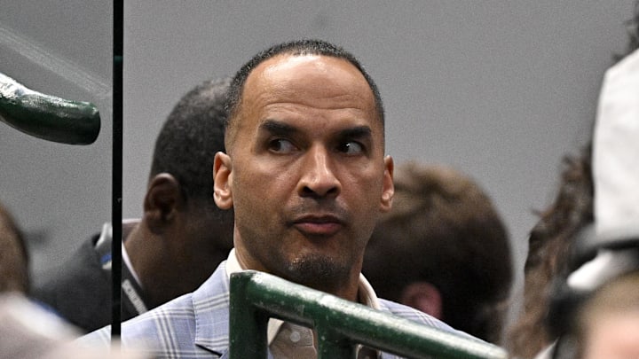 Apr 9, 2025; Dallas, Texas, USA; Dallas Mavericks general manager Nico Harrison look on during the third quarter against the Los Angeles Lakers at the American Airlines Center. Mandatory Credit: Jerome Miron-Imagn Images