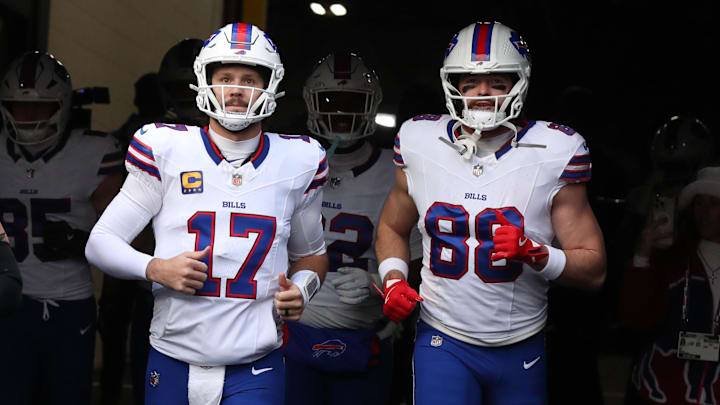 Buffalo Bills center Connor McGovern (66) and quarterback Josh Allen (17) and tight end Dawson Knox (88) take the field to warm up against the Pittsburgh Steelers at Acrisure Stadium. Buffalo Bills center Connor McGovern (66) and quarterback Josh Allen (17) and tight end Dawson Knox (88) take the field to warm up against the Pittsburgh Steelers at Acrisure Stadium.