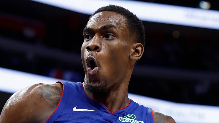 Detroit Pistons center Jalen Duren (0) celebrates after he dunks in the second half against the Chicago Bulls at Little Caesars Arena on February 2, 2025.