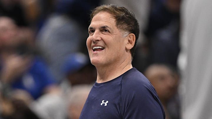 Apr 11, 2025; Dallas, Texas, USA; Dallas Mavericks minority owner Mark Cuban looks on during the second half against the Toronto Raptors at the American Airlines Center. Mandatory Credit: Jerome Miron-Imagn Images