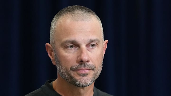 Feb 24, 2026; Indianapolis, IN, USA; Las Vegas Raiders general manager John Spytek speaks at the NFL Scouting Combine at the Indiana Convention Center. Mandatory Credit: Kirby Lee-Imagn Images