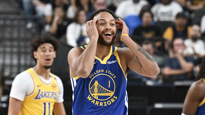 Oct 15, 2024; Las Vegas, Nevada, USA; Golden State Warriors forward Kyle Anderson (1) reacts to a call in the first quarter against the Los Angeles Lakers during a preseason game at T-Mobile Arena. Mandatory Credit: Candice Ward-Imagn Images