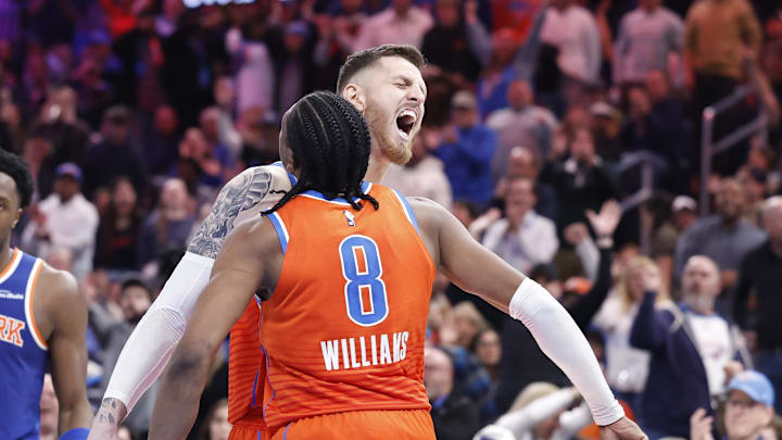 Jan 3, 2025; Oklahoma City, Oklahoma, USA; Oklahoma City Thunder center Isaiah Hartenstein (55) celebrates with forward Jalen Williams (8) after Jalen dunks against the New York Knicks during the second half at Paycom Center. Mandatory Credit: Alonzo Adams-Imagn Images Jan 3, 2025; Oklahoma City, Oklahoma, USA; Oklahoma City Thunder center Isaiah Hartenstein (55) celebrates with forward Jalen Williams (8) after Jalen dunks against the New York Knicks during the second half at Paycom Center. Mandatory Credit: Alonzo Adams-Imagn Images