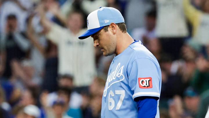 May 2, 2026; Seattle, Washington, USA; Kansas City Royals starting pitcher Seth Lugo (67) walks back to the mound after surrendering a run on a wild pitch against the Seattle Mariners during the fifth inning at T-Mobile Park. Mandatory Credit: Joe Nicholson-Imagn Images