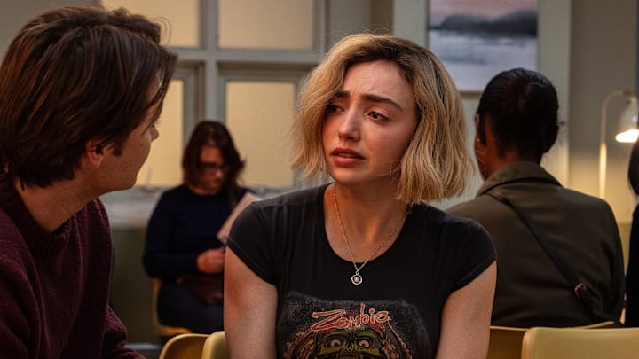 L-R: Spencer Macpherson as Xavier Baxter and Peyton List as Maddie Nears in School Spirits, episode 7, season 3, streaming on Paramount+, 2026. 