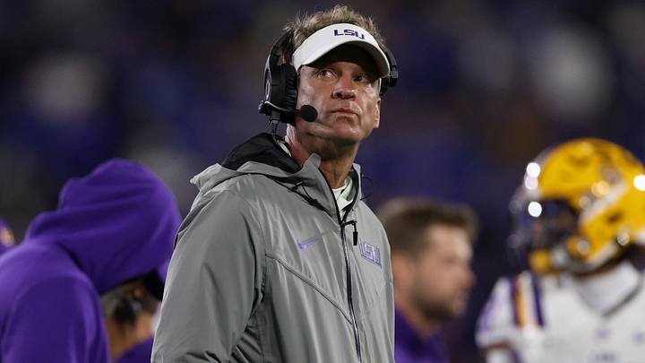 LSU Tigers head coach Lane Kiffin looks on during the second quarter against the Kentucky Wildcats at Kroger Field. LSU Tigers head coach Lane Kiffin looks on during the second quarter against the Kentucky Wildcats at Kroger Field.