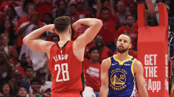 Apr 30, 2025; Houston, Texas, USA;Golden State Warriors guard Stephen Curry (30) reacts to the Houston Rockets basket in the second quarter during game five of first round for the 2025 NBA Playoffs at Toyota Center. Mandatory Credit: Thomas Shea-Imagn Images