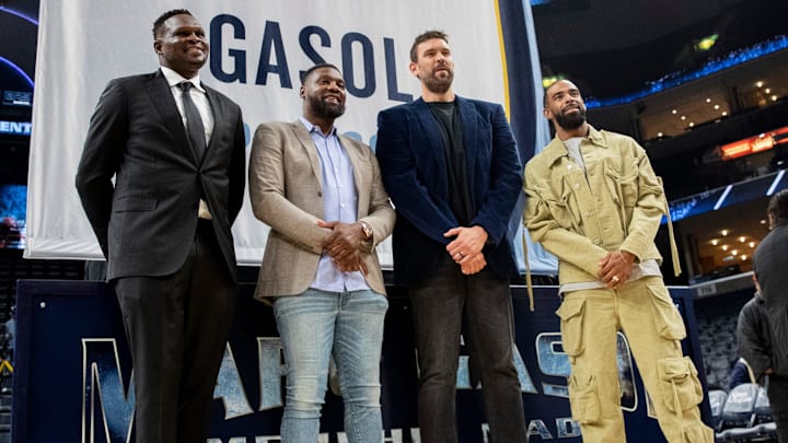 Former Grizzlies players Zach Randolph, Tony Allen, Marc Gasol and Mike Conley, known as the “Core Four,” pose for a photo after the jersey retirement ceremony for Gasol at FedExForum in Memphis, Tenn., on Saturday, April 6, 2024.