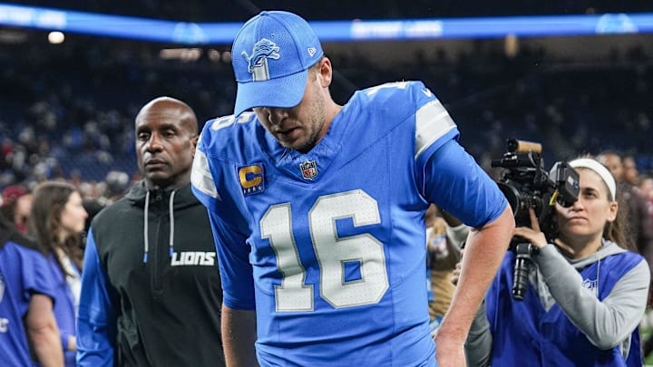 Detroit Lions quarterback Jared Goff (16) walks off the field after 45-31 loss to Washington Commanders 
