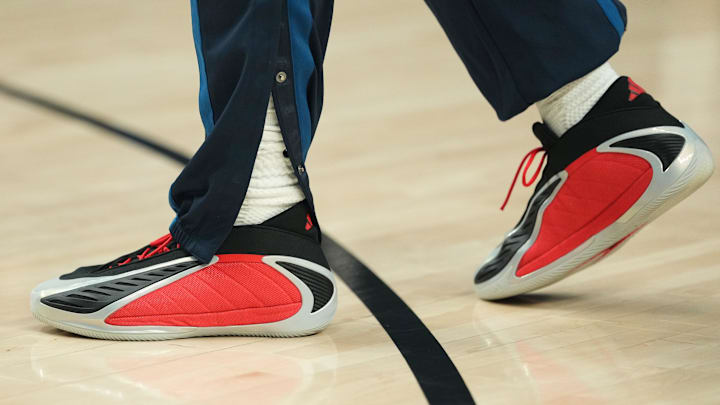 Anthony Edwards wears the adidas Anthony Edwards 2 "Bulldawg" colorway.