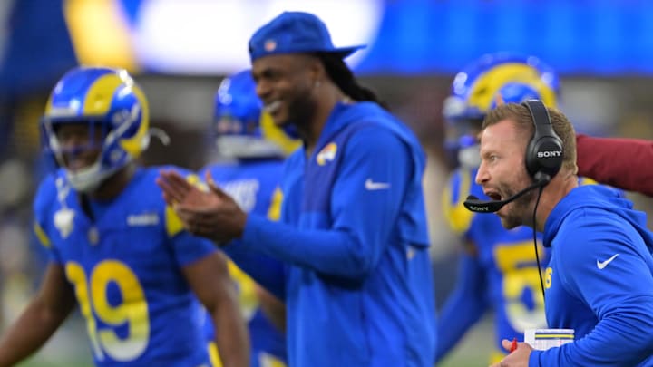 Jan 4, 2026; Inglewood, California, USA;  Los Angeles Rams head coach Sean McVay reacts after a touchdown against the Arizona Cardinals during the second half at SoFi Stadium. Mandatory Credit: Jayne Kamin-Oncea-Imagn Images