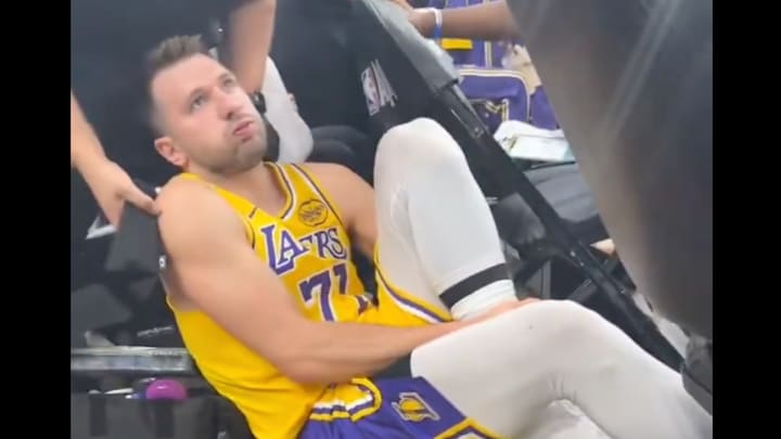 Luka Dončić twisted his ankle on the Cavaliers’ elevated floor on Wednesday night and was not happy about it. 