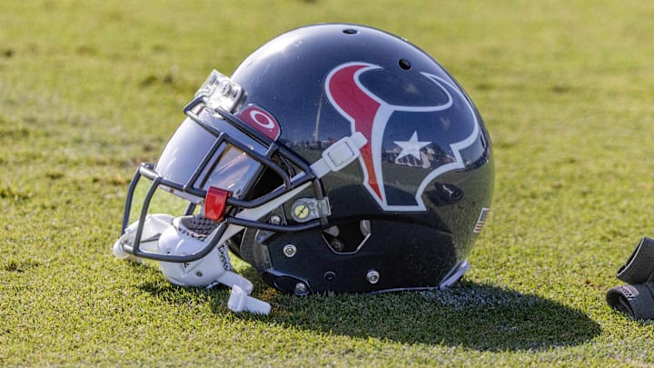 Jul 28, 2023; Houston, TX, USA; A view of a Houston Texans helmet during training camp at the Houston Methodist Training Center. Mandatory Credit: Thomas Shea-Imagn Images
