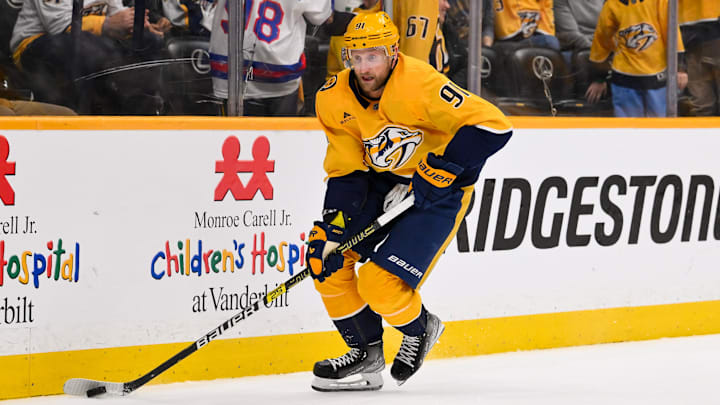 Feb 2, 2026; Nashville, Tennessee, USA; Nashville Predators center Steven Stamkos (91) skates behind the net against the St. Louis Blues during the second period at Bridgestone Arena. Mandatory Credit: Steve Roberts-Imagn Images Feb 2, 2026; Nashville, Tennessee, USA; Nashville Predators center Steven Stamkos (91) skates behind the net against the St. Louis Blues during the second period at Bridgestone Arena. Mandatory Credit: Steve Roberts-Imagn Images