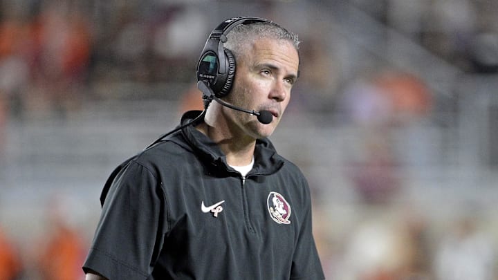 Oct 5, 2024; Tallahassee, Florida, USA; Florida State Seminoles head coach Mike Norvell looks on during the second half against the Clemson Tigers at Doak S. Campbell Stadium. Mandatory Credit: Melina Myers-Imagn Images