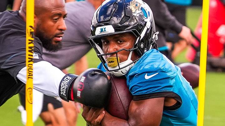Jacksonville Jaguars wide receiver Josh Cameron (19) runs a drill during an NFL Jaguars practice at the Miller Electric Center, Tuesday September 2, 2026 in Jacksonville, Fla.  [Doug Engle/Florida Times-Union]