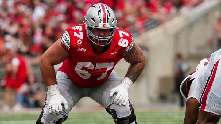 Ohio State offensive lineman Austin Siereveld prepares for a snap as he builds his case for the 2027 NFL Draft. Ohio State offensive lineman Austin Siereveld prepares for a snap as he builds his case for the 2027 NFL Draft.