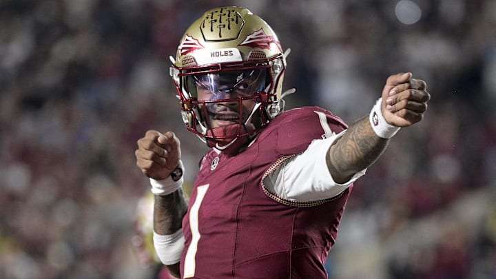 Nov 1, 2025; Tallahassee, Florida, USA; Florida State Seminoles quarterback Tommy Castellanos (1) celebrates a touchdown during the second half against the Wake Forest Demon Deacons at Doak S. Campbell Stadium. Mandatory Credit: Melina Myers-Imagn Images