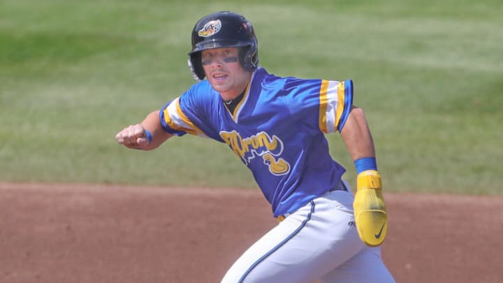 RubberDucks baserunner Travis Bazzana takes off for third base against the Altoona Curve on April 13, 2025, in Akron, Ohio. RubberDucks baserunner Travis Bazzana takes off for third base against the Altoona Curve on April 13, 2025, in Akron, Ohio.