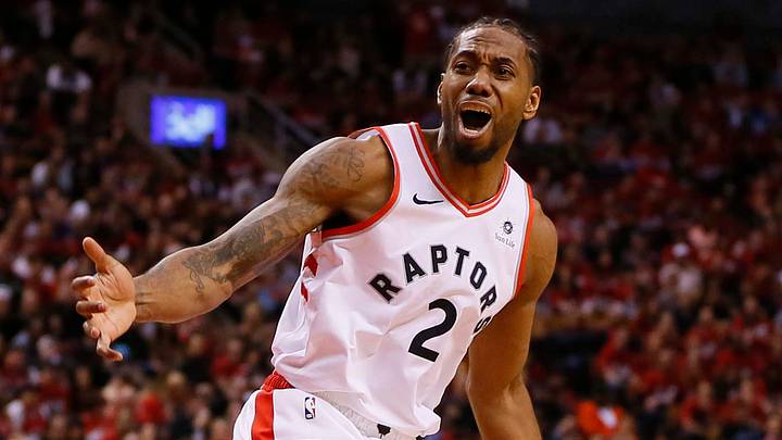 Apr 13, 2019; Toronto, Ontario, CAN; Toronto Raptors forward Kawhi Leonard (2) reacts after a non-call during game one of the first round of the 2019 NBA Playoffs against the Orlando Magic at Scotiabank Arena. Orlando defeated Toronto. Mandatory Credit: John E. Sokolowski-USA TODAY Sports