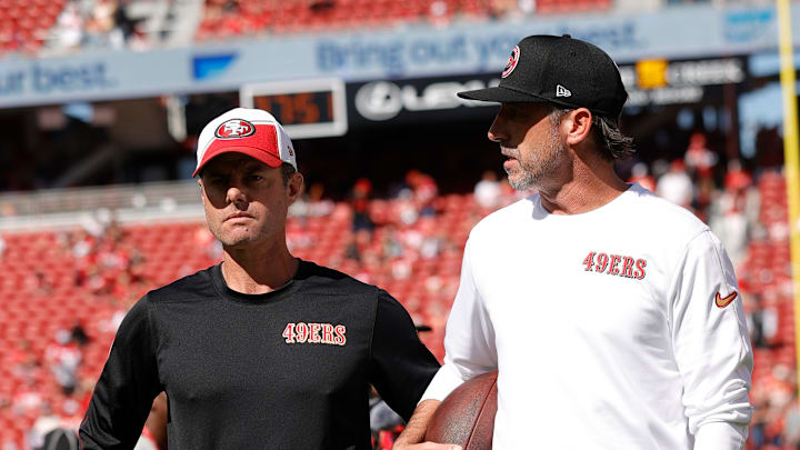 San Francisco 49ers assistant head coach Brandon Staley (L) and head coach Kyle Shanahan (R)