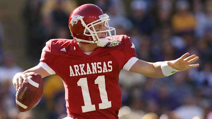 Arkansas Razorbacks quarterback Casey Dick (11) looks to throw against the LSU Tigers during the first half at Tiger Stadium. Dick was hired to coach at Rockwall-Heath on March 5. Mandatory Credit: John David Mercer-Imagn Images Copyright © 2007 John David Mercer
