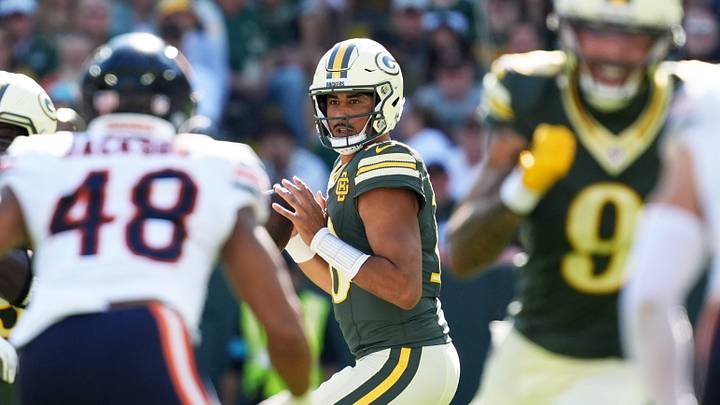Green Bay Packers quarterback Jordan Love looks to pass during a game against the Chicago Bears on Sunday. Green Bay Packers quarterback Jordan Love looks to pass during a game against the Chicago Bears on Sunday.