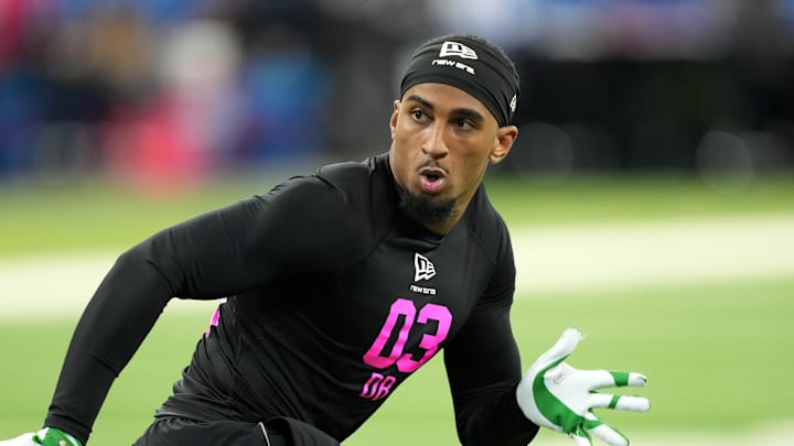 Feb 27, 2026; Indianapolis, IN, USA; Oregon defensive back Jadon Canady (DB03) during the NFL Scouting Combine at Lucas Oil Stadium