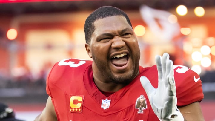 Arizona Cardinals defensive end Calais Campbell reacts against the Los Angeles Rams at State Farm Stadium. 