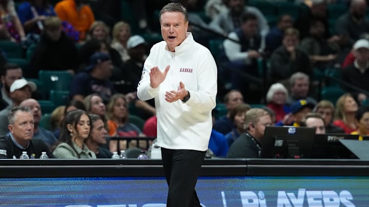 Nov 26, 2025; Las Vegas, NV, USA; Kansas Jayhawks head coach Bill Self reacts in the second half against the Tennessee Volunteers in the 2025 Players Era Festival third place game at MGM Grand Garden Arena. Mandatory Credit: Kirby Lee-Imagn Images Nov 26, 2025; Las Vegas, NV, USA; Kansas Jayhawks head coach Bill Self reacts in the second half against the Tennessee Volunteers in the 2025 Players Era Festival third place game at MGM Grand Garden Arena. Mandatory Credit: Kirby Lee-Imagn Images
