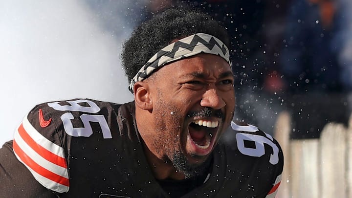 Cleveland Browns defensive end Myles Garrett (95) takes the field before an NFL football game at Huntington Bank Field, Dec. 21, 2025, in Cleveland, Ohio.