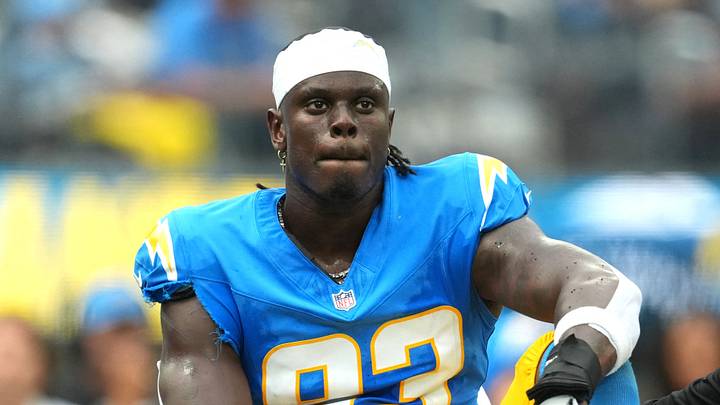 Sep 20, 2026; Inglewood, California, USA;  Los Angeles Chargers tight end David Njoku (83) is carted off the field against the Las Vegas Raiders during the first half at SoFi Stadium.  Mandatory Credit: Kirby Lee-Imagn Images